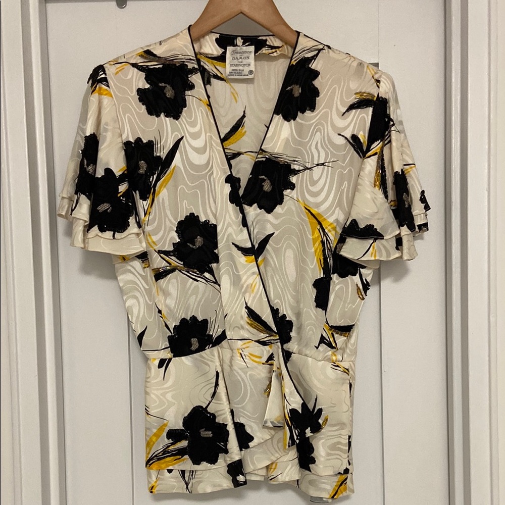 Vintage 100% Silk Floral Print Beaded Peplum Wrap Top